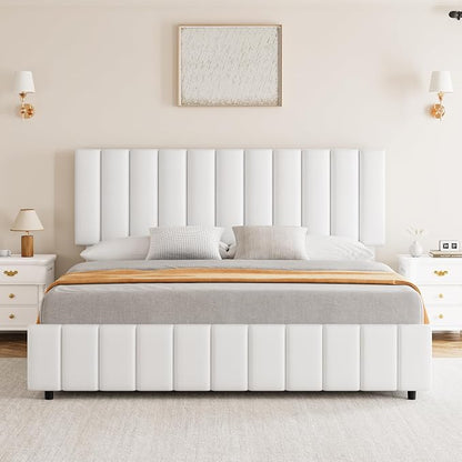 IDEALHOUSE Queen Size Bed Frame with 4 Storage Drawers, PU Leather Upholstered Platform Bed Frame, Adjustable Height Headboard, No Box Spring Needed, Easy to Assembly, White