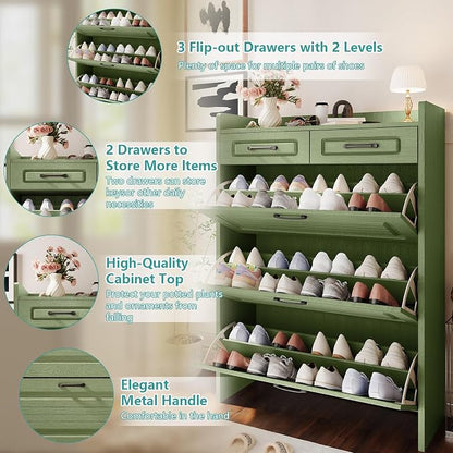 Shoe Cabinet with 3 Large Flip Drawers and 2 Storage Drawers, Narrow Shoe Organizer Cabinet Fits for Kinds of Shoes, Hidden Shoe Storage Cabinet for Entryway, Hallway, Green