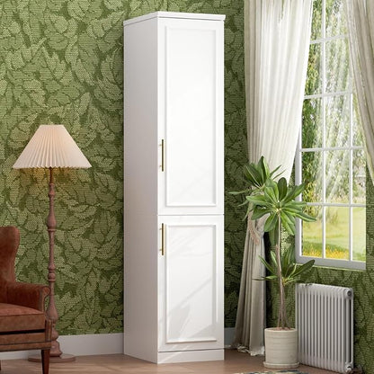 Timechee Almirah for Clothes, 74.8" Tall Bedroom Closet Storage Cabinet with Doors and Shelves, Hanging Rod, 2 Door Narrow Bathroom Storage Cabinet, White Narrow Wardrobe Clothes Closet for Bedroom
