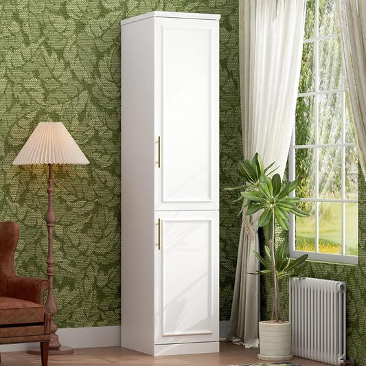 Timechee Almirah for Clothes, 74.8" Tall Bedroom Closet Storage Cabinet with Doors and Shelves, Hanging Rod, 2 Door Narrow Bathroom Storage Cabinet, White Narrow Wardrobe Clothes Closet for Bedroom