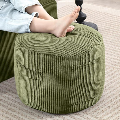 Round Stuffed Pouf Ottoman,Corduroy Foot Rest with Rebound Foam Filled, Furry and Fluffy Foot Stool Ottoman, Floor Poufs for Living Room (Green, 20" D x 20" W x 15" H)