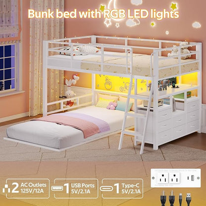 busyaeh Bunk Bed Twin Over Twin,Low Bunk Bed with 8 Drawers & 4 Shelves & 15" H Safety Guardrail,Metal L-Shaped Twin Bunk Bed with LED Lights and Charging Station,Floor Bunk Beds with Ladder,White
