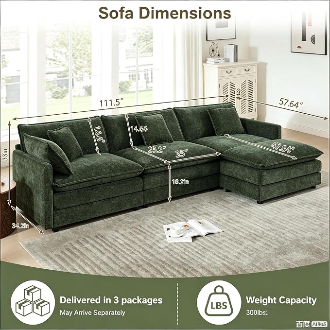 111.5" Modular Sectional Sofa, Large L Shaped Sectionals Cloud Couch, Big Comfy 3-Seat Couch with Ottoman, 4 Seater Chenille Sectional Sofa with Deep Seat and 5 Pillows for Living Room- Green