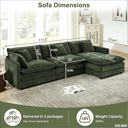 111.5" Modular Sectional Sofa, Large L Shaped Sectionals Cloud Couch, Big Comfy 3-Seat Couch with Ottoman, 4 Seater Chenille Sectional Sofa with Deep Seat and 5 Pillows for Living Room- Green