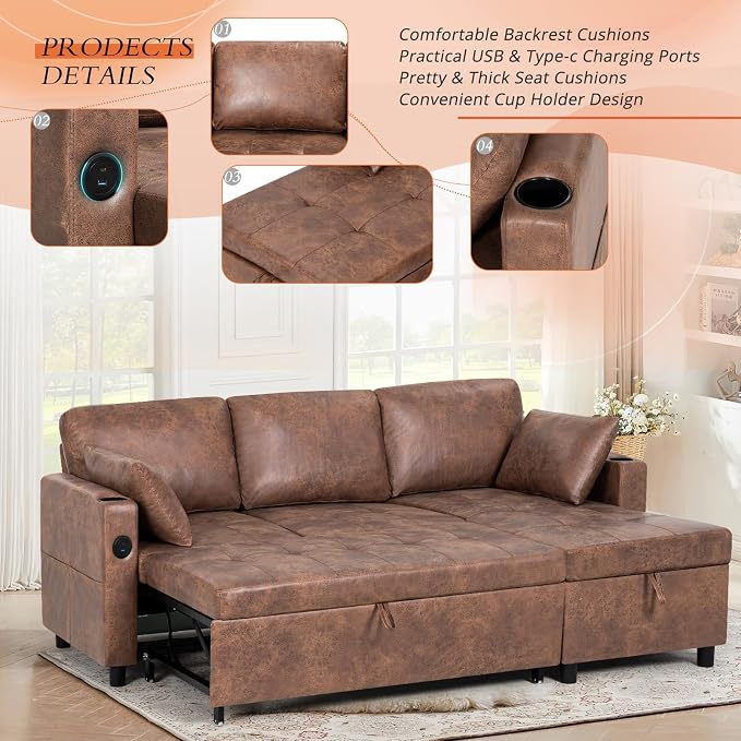 84" L-Shape Pull Out Sofa Bed with Adjustable Backrest, Upholstered Sectional Sleeper Sofa with Storage Chaise, Suede Leather Reversible Couch Bed with USB Port for Living Room, House, Brown