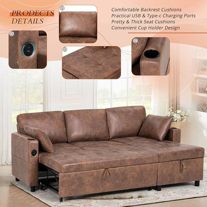 84" L-Shape Pull Out Sofa Bed with Adjustable Backrest, Upholstered Sectional Sleeper Sofa with Storage Chaise, Suede Leather Reversible Couch Bed with USB Port for Living Room, House, Brown