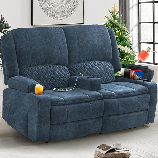 Yolsali Loveseat Recliner Sofa, Manual Reclining Loveseat with Removable Armrest, Fabric 2 Seater Couch for RV with 2-Tier Cushions, USB Charging Ports, Cup Holders - Blue