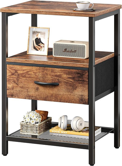 Huuger Night Stand with Fabric Drawer, Side Table with Mesh Shelf, Bedroom Nightstand, Fabric Drawer Dresser, Open Shelf, Metal Frame, Couch Side, Rustic Brown