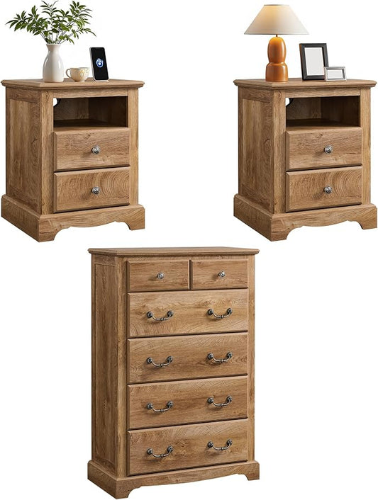 T4TREAM Farmhouse Dresser and Nightstand Sets of 3, 48" Tall 6 Drawers Dresser & 2-Drawer Nightstands Set, Wood Bedroom Furniture Set for Home, Hallway, Bedroom, Light Knotty Oak