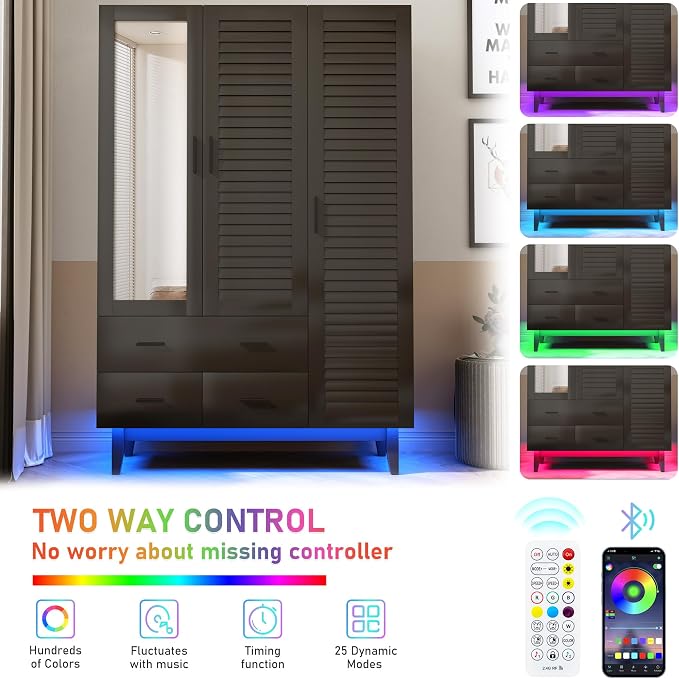 Hlivelood 3 Door Armoire Wardrobe Closet Cabinet with Drawers and LED Lights, Multi-Tier Shelves, Hanging Rod & 3 Louver Doors, Large Capacity Storage Wardrobe Armoire for Bedroom, Black