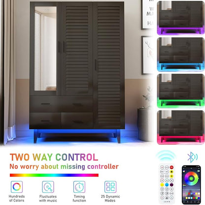 Hlivelood 3 Door Armoire Wardrobe Closet Cabinet with Drawers and LED Lights, Multi-Tier Shelves, Hanging Rod & 3 Louver Doors, Large Capacity Storage Wardrobe Armoire for Bedroom, Black