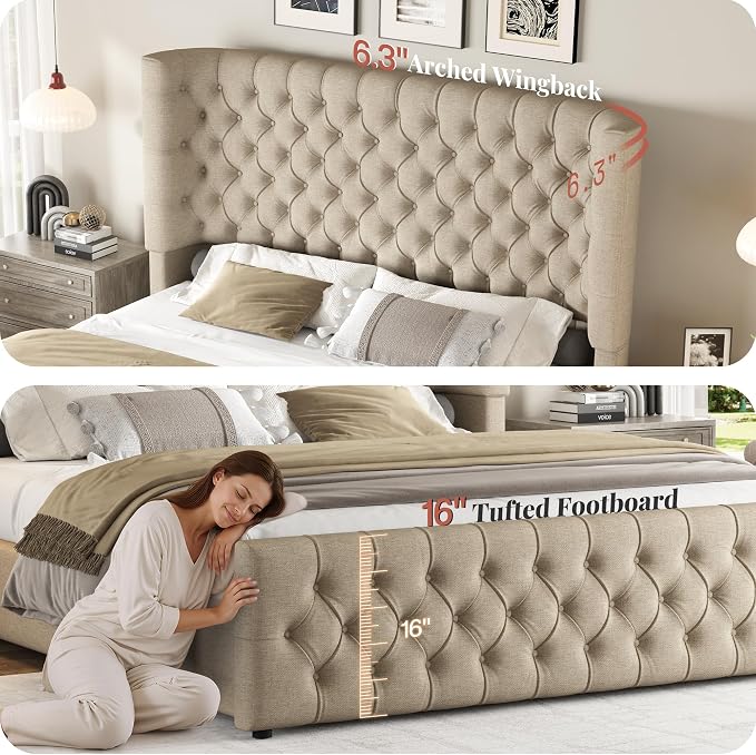Jocisland California King Size Upholstered Bed Frame with 6.3-Inch Curved Wingback Headboard, Tufted Footboard, Wood Slats, No Box Spring Needed, Khaki Linen