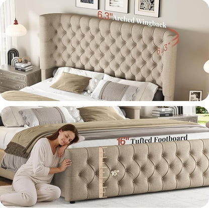 Jocisland California King Size Upholstered Bed Frame with 6.3-Inch Curved Wingback Headboard, Tufted Footboard, Wood Slats, No Box Spring Needed, Khaki Linen