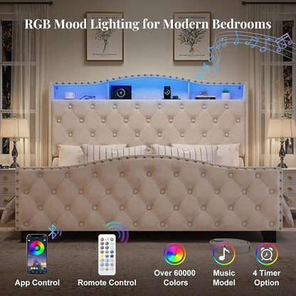 Belffin Queen Size Bed Frame and Headboard, 50.9" Velvet Upholstered Wingback Bedframe with LED Lights & Storage/Charging Station, Button Tufted Tall Footboard, No Box Spring Needed, Noise-Free, Beige