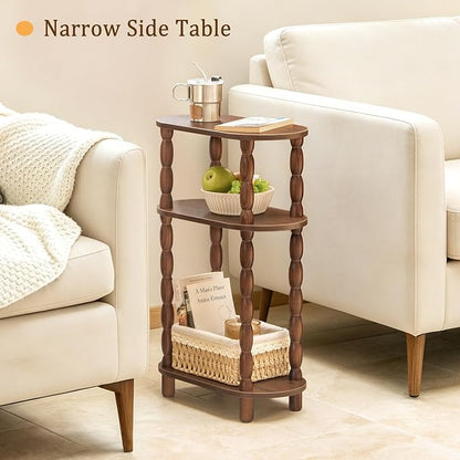 MaxSmeo Small Side Table, 3-Tier Narrow Small End Table with Storage, Skinny Bedside Table Nightstand, Bedrooms, Living Room (Walnut Brown)