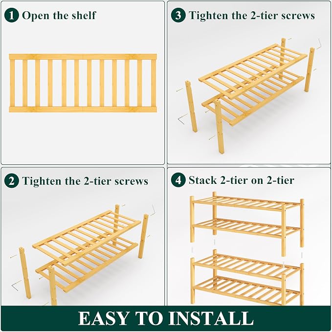 Smiry Bamboo Shoe Rack, 4 Tier Free Standing Wooden Shoe Organizer, Stackable Wood Shoe Storage Shelf for Closet, Entryway, 14 Vertical Slats, 2+2 Stack Heavy-Duty Legs, 26.8"x11"x26", Natural