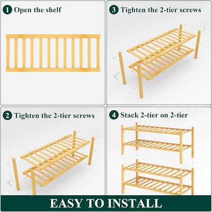 Smiry Bamboo Shoe Rack, 4 Tier Free Standing Wooden Shoe Organizer, Stackable Wood Shoe Storage Shelf for Closet, Entryway, 14 Vertical Slats, 2+2 Stack Heavy-Duty Legs, 26.8"x11"x26", Natural