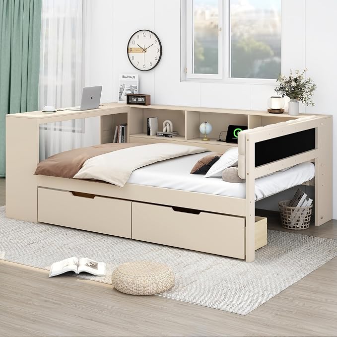 Ball & Cast Full Size Wood Daybed with Storage Shelves and Built-in Desk,Platform Bed w/Under-Bed Drawers & Charging Station,Upholstered Headboard,No Box Spring Needed,for Student Dorms,Cream