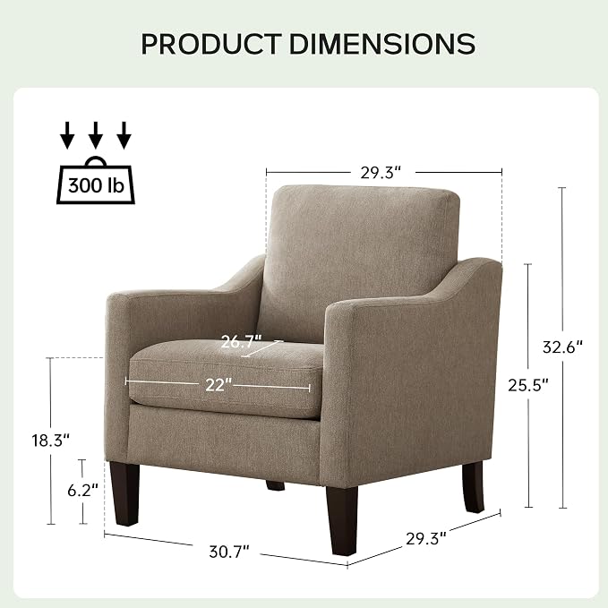 VKNOW Mid-Century Accent Chair, No Tools Assembly Required, Modern Upholstered Polyester Armchair for Living Room,Comfy Reading Accent Chairs with Wood Legs for Bedroom, Brown