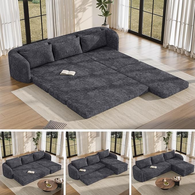 Vesgantti 110.2" Boneless Sectional Couch with Curved Armrest, 6 in 1 Convertible Folding Sleeper Sofa Bed, Chenille Modular Sofa for Living Room, No Assembly Required, Blue, Right Facing Chaise