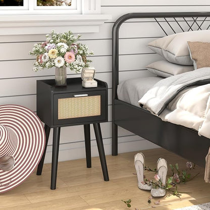 LAATOOREE Nightstand Set of 2, Small Black Bedside Table, End Table with Rattan Door, Boho Side Table with Solid Wood Legs for Bedroom Living Room Small Space