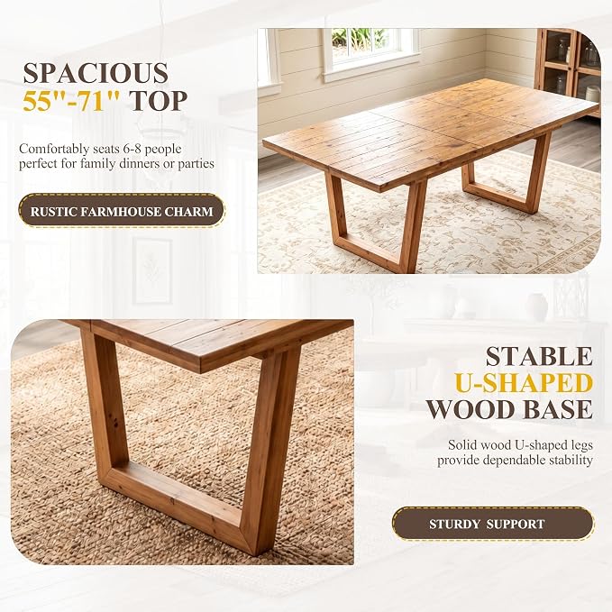 chairus 55"-71" Extendable Reclaimed Wood Dining Table with Butterfly Leaf | Hidden Butterfly Leaf Extends from 55" to 71", Reclaimed Pine Table, Seats 4-8, Sturdy U-shaped Wood Legs, Farmhouse Style
