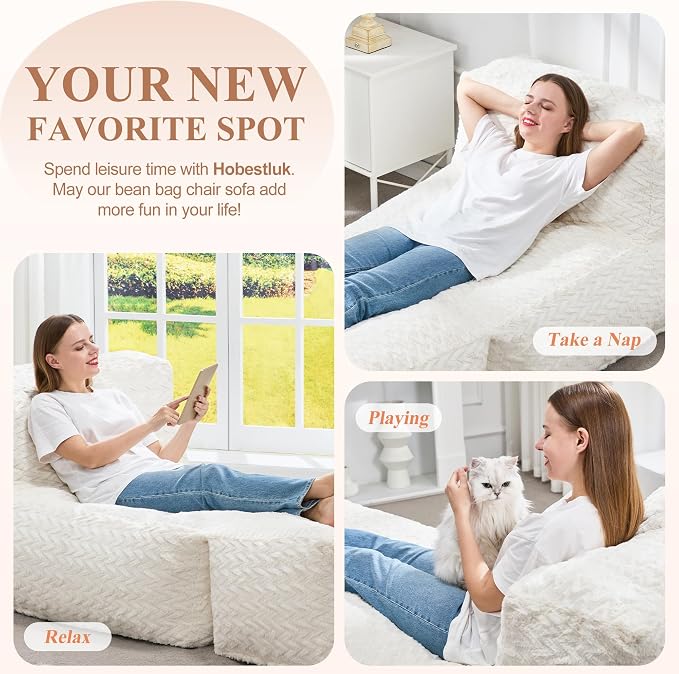 Hobestluk Giant Memory Foam Bean Bag Chairs for Adults (Snow White,Large) | Soft Fabric,Ergonomic Back Support,Lightweight,Easy Clean,No Assembly,Wear-resisting,For Livingroom Guest room,Well-looking
