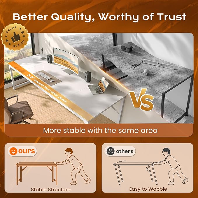 PRAISUN 63 x 29.5 Inch Computer Desk with Deeper Desktop, Gaming Office Writing Work Desk for Home Office, Study, Bedroom, Work from Home, Metal Frame, White
