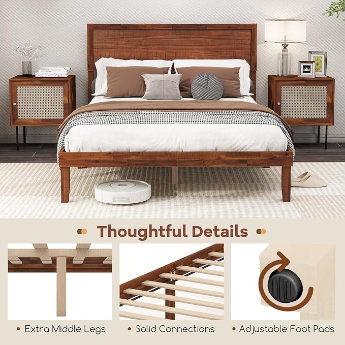 KOMFOTT Queen Size Wood Bed Frame with Headboard, Solid Acacia Wood Platform Bed Frame, Wooden Slats Supported Bed Base with Under-Bed Storage Space, No Box Spring Needed, Wood Queen Bed (Brown,Queen)