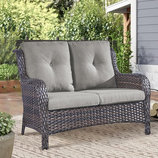 Outdoor Loveseat Sofa-2 Seater Rattan Wicker Patio Couch High Back Patio Sofa for Porch Deck Backyard-Brown/Grey