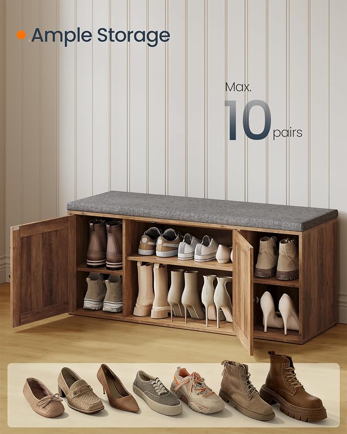 SONGMICS HOME Shoe Storage Bench, Snapsemble Superfast Assembly, Shoe Rack Cabinet with Door & Adjustable Shelf for Entryway/Living Room, 14 x 40.2 x 17.3 Inches, Honey Brown and Slate Gray