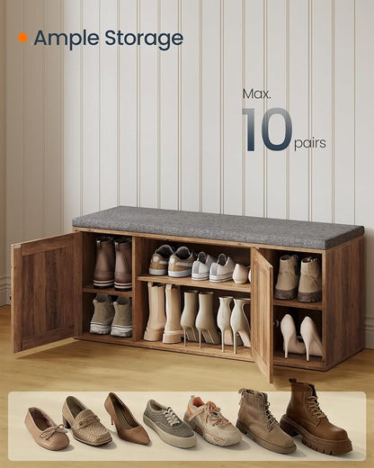 SONGMICS HOME Shoe Storage Bench, Snapsemble Superfast Assembly, Shoe Rack Cabinet with Door & Adjustable Shelf for Entryway/Living Room, 14 x 40.2 x 17.3 Inches, Honey Brown and Slate Gray