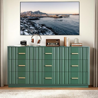 Fluted Dresser for Bedroom with 9 Drawers, 59" Wide Mid Century Modern Chest of Drawers, Wooden Dresser TV Stand, Wood Closet Clothes Storage Organizer for Living Room Hallway, Green