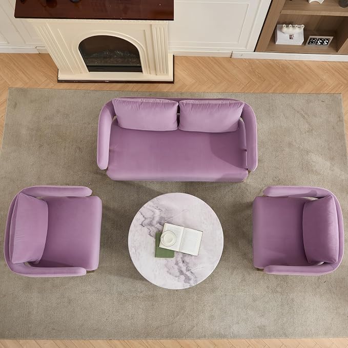 Loveseat Sofa and 2 Accent Chairs Comfy Sofa Modern Accent Chairs for Living Room with Golden Legs Teddy Upholstered Reading Armchairs no Wheels for Reception Room//Bedroom/Lounge/Office,Purple