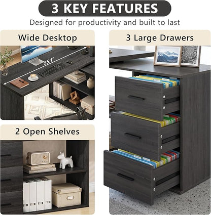 HSH Dark Grey L Shaped Computer Corner Desk with 3 Storage Drawers 55 inch | Reversible Home Office Corner Desk with 2 Open Side Shelves Modern Wood Executive L Desks for Bedroom,Study Workstation