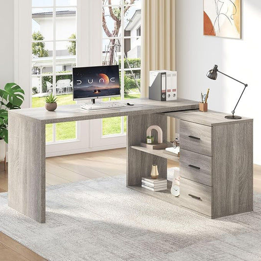HSH L Shaped Office Desk with Drawers Shelves 55-76 Inch, Corner Computer Desk with Storage 360 Rotating Long for Work, Executive, Study, Writing, Teacher, Bedroom Modern Gaming Table, Light Grey