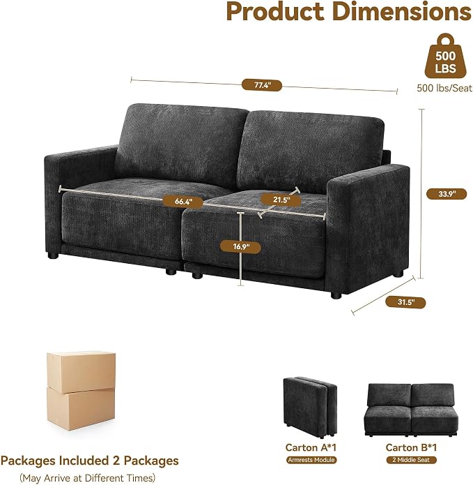 77.4" Chenille Modular Loveseat Oversized Upholstered 2 Seater Sectional Sofa with Thickened Cushions, Easy Assembly, Modern Comfy Love Seat Couch for Living Room, Black
