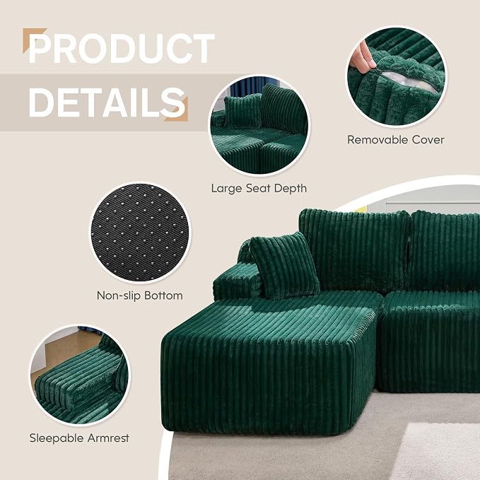 Hobestluk Boneless Couch Modular Sectional Sofa L-Shape Oversized Chaise | 108" Left Facing Chaise Green,Memory Foam,Removable Cover,Non-slip Bottom,No Assemble Required,Living Room Furniture