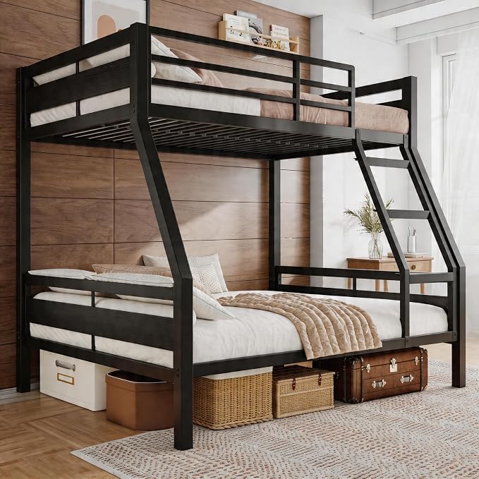 Einhomn Bunk Bed Twin Over Full, Heavy Duty Metal Bed with Ladder and Full-Length Guardrail, Large Under-Bed Storage Space, No Box Spring Needed, Noise Free, Black