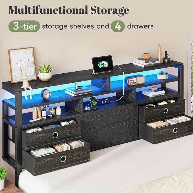 Homkdom King Bed Frame with Storage Headboard, Charger & LED Lights, Black | 3-tier shelves and 4 drawers,2 USB&1 Type-C ports,Heavy-duty metal loads 880lbs,Noise-free,No box spring needed,Easy assembly