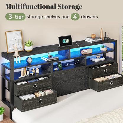 Homkdom King Bed Frame with Storage Headboard, Charger & LED Lights, Black | 3-tier shelves and 4 drawers,2 USB&1 Type-C ports,Heavy-duty metal loads 880lbs,Noise-free,No box spring needed,Easy assembly