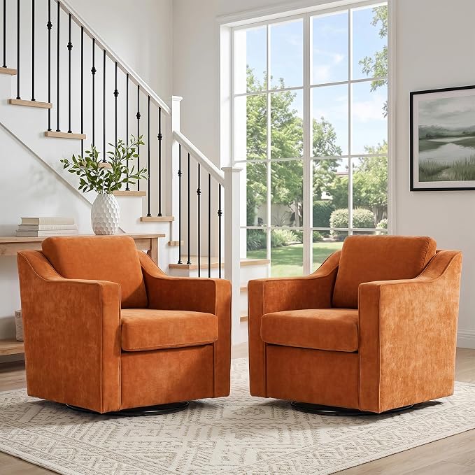 Swivel Accent Chair, Modern Round Barrel Arm Chair for Living Room, Bedroom, Comfy Club Reading Chairs for Adults (Chenille Orange, Set of 1)
