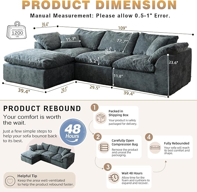 109" Boneless Cloud Couch Sectional for Living Room, Oversized Modular L Shaped Sofa with Ottoman, Deep Seat Chenille Sectional Couch for Cloud-Like Comfort(Blue)