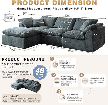 109" Boneless Cloud Couch Sectional for Living Room, Oversized Modular L Shaped Sofa with Ottoman, Deep Seat Chenille Sectional Couch for Cloud-Like Comfort(Blue)