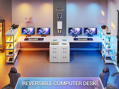 SEDETA L Shaped Office Desk with Drawers, 64.5" Reversible Computer Desk with Storage Shelves and Power Outlet, Corner Gaming Desk with LED Strip for Home Office, White