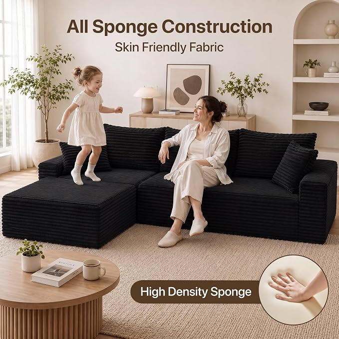 Claiks 104" Boneless Couch, Cloud Couch Sectional, L-Shape Corduroy Modular Sectional Sofa Deep Seat, Upholstered Couches for Living Room, No Assembly Required, Black