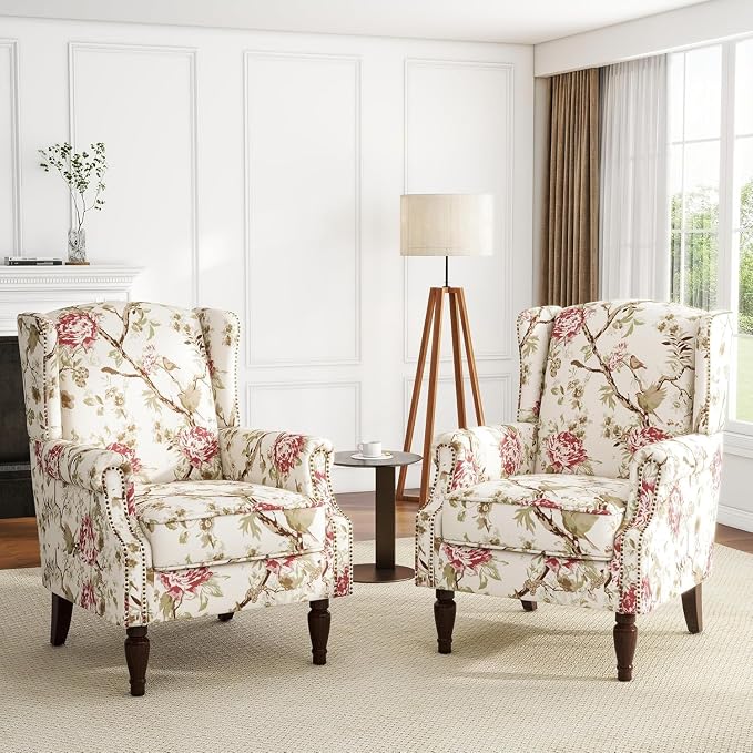 High Back Accent Chair, Fabric Wingback Chair Upholstered Armchair for Living Room - Beige Floral
