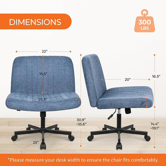 Orange Factory Criss Cross Chair Wheels Wide Cross Legged Office Desk Vanity Chair Comfy Fabric Armless Adjustable Swivel for Home Computer Task (Blue Wheel, Fabric)