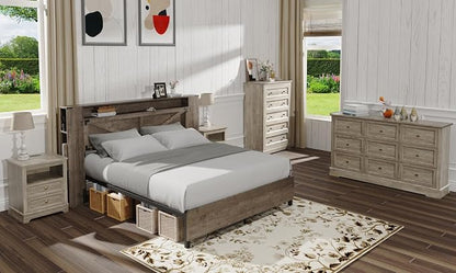 LOUVIXA Farmhouse Bedroom Sets of 4, Including 9 Drawer Dresser, 5 Drawer Dressers and Nightstand Set of 2 with Charging Station (Grey Sets, 4 Pieces)