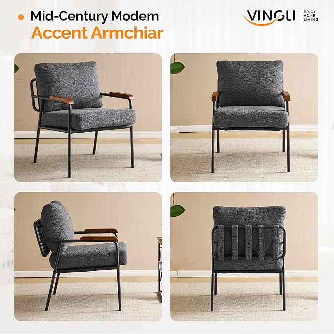 VINGLI Mid-Century Modern Accent Armchiars Set of 2 for Small Space, Small Comfy Upholstered Leisure Reading Chairs with Wood Armrests for Bedroom, Living Room, Waiting Room, Linen Grey